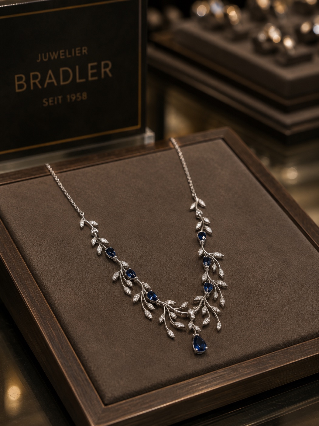 Saphir-Kette in floraler Anordnung mit Brillanten – Bradler Eigenanfertigung