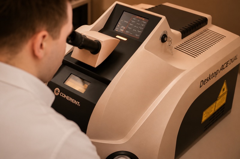 Goldschmied bei der Schmuckreparatur am Laser-Schweißgerät